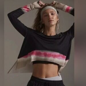 Free People Movement Tempo Dip Dye Long Sleeve Thumbhole Top Black Motif Pink L